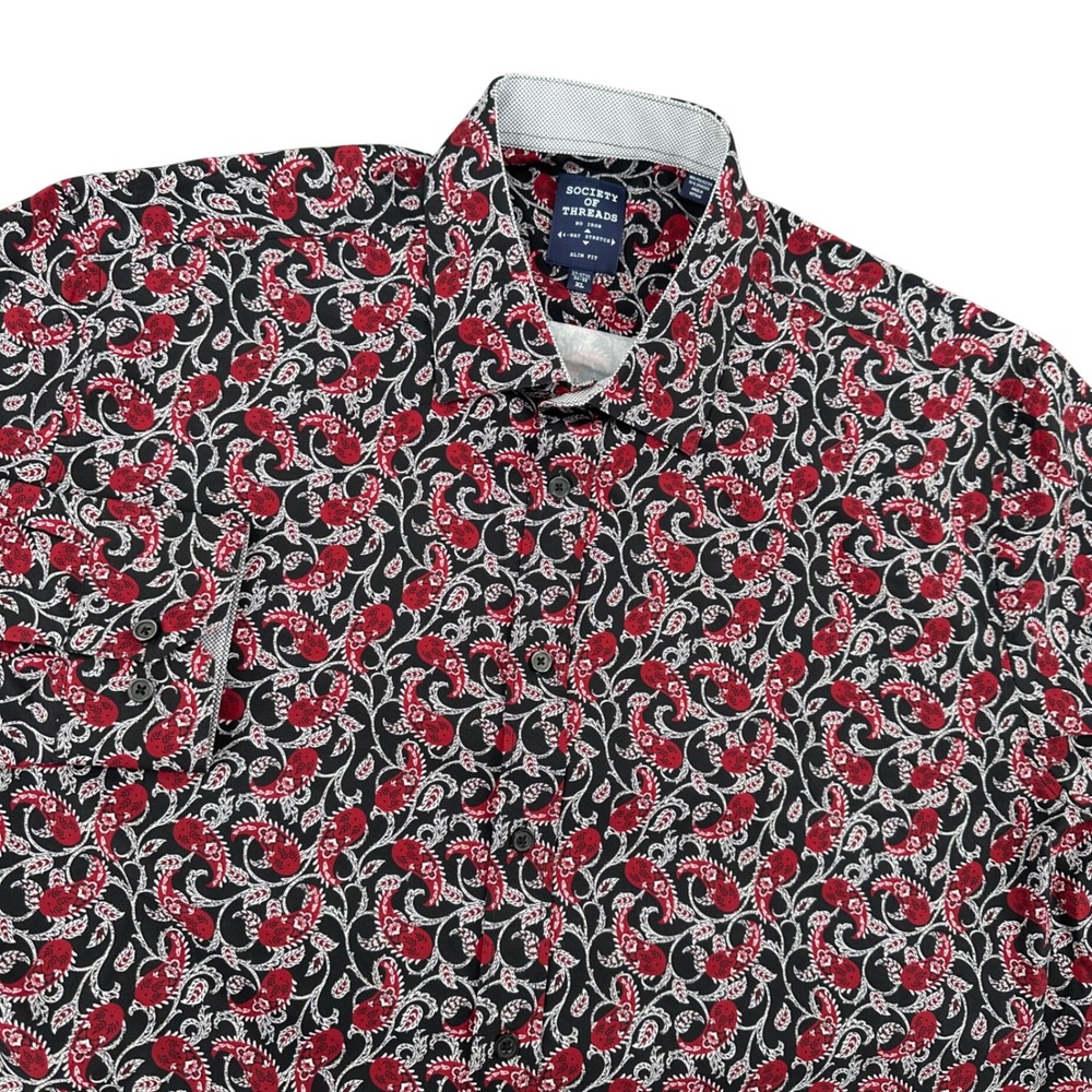 Society of Threads Mens XL Slim Fit Paisley 4-Way Stretch No Iron‎ Shirt Red